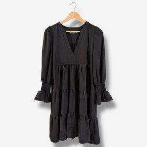 Pomander Place Black Crepe Kenzo Dress Size M V-Neck Tiered Long Sleeve Mini